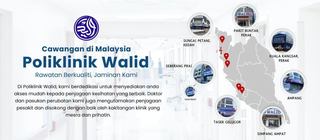 Map of Poliklinik Walid branch locations in northern Malaysia and Kuala Lumpur